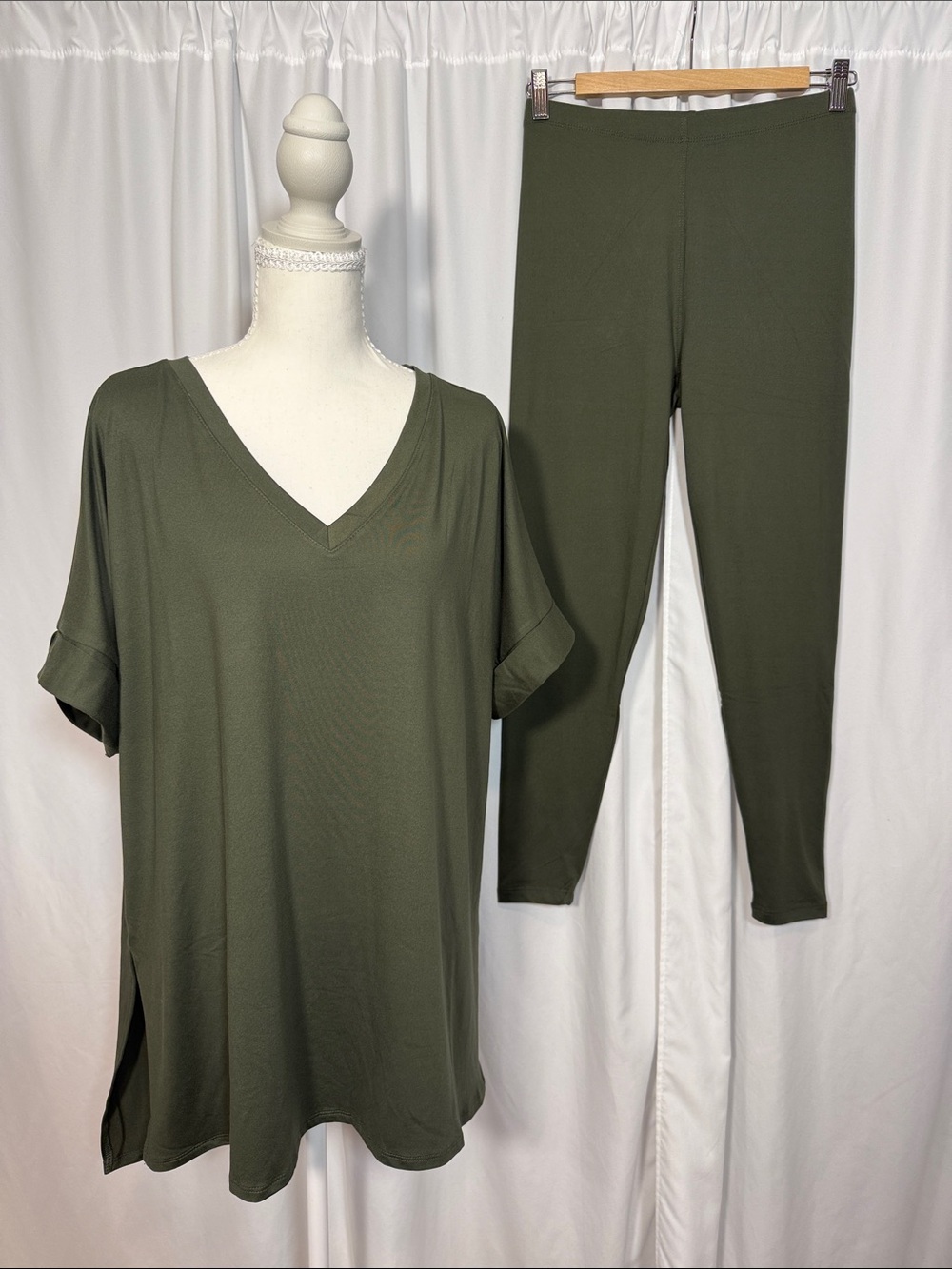 Zenana Olive V-Neck Top with Matching Olive Leggings Set